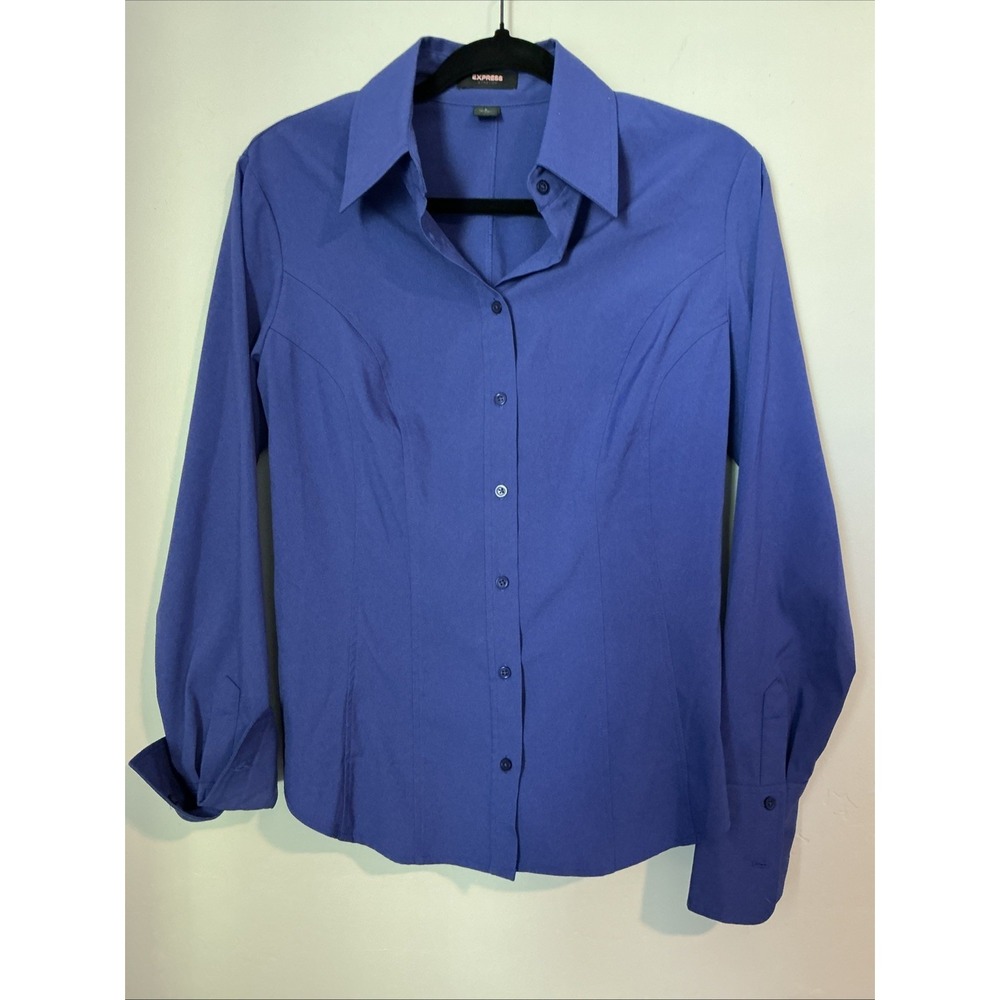 Express Stretch Blue Purple Button Front Collared Career Fitted Womens S